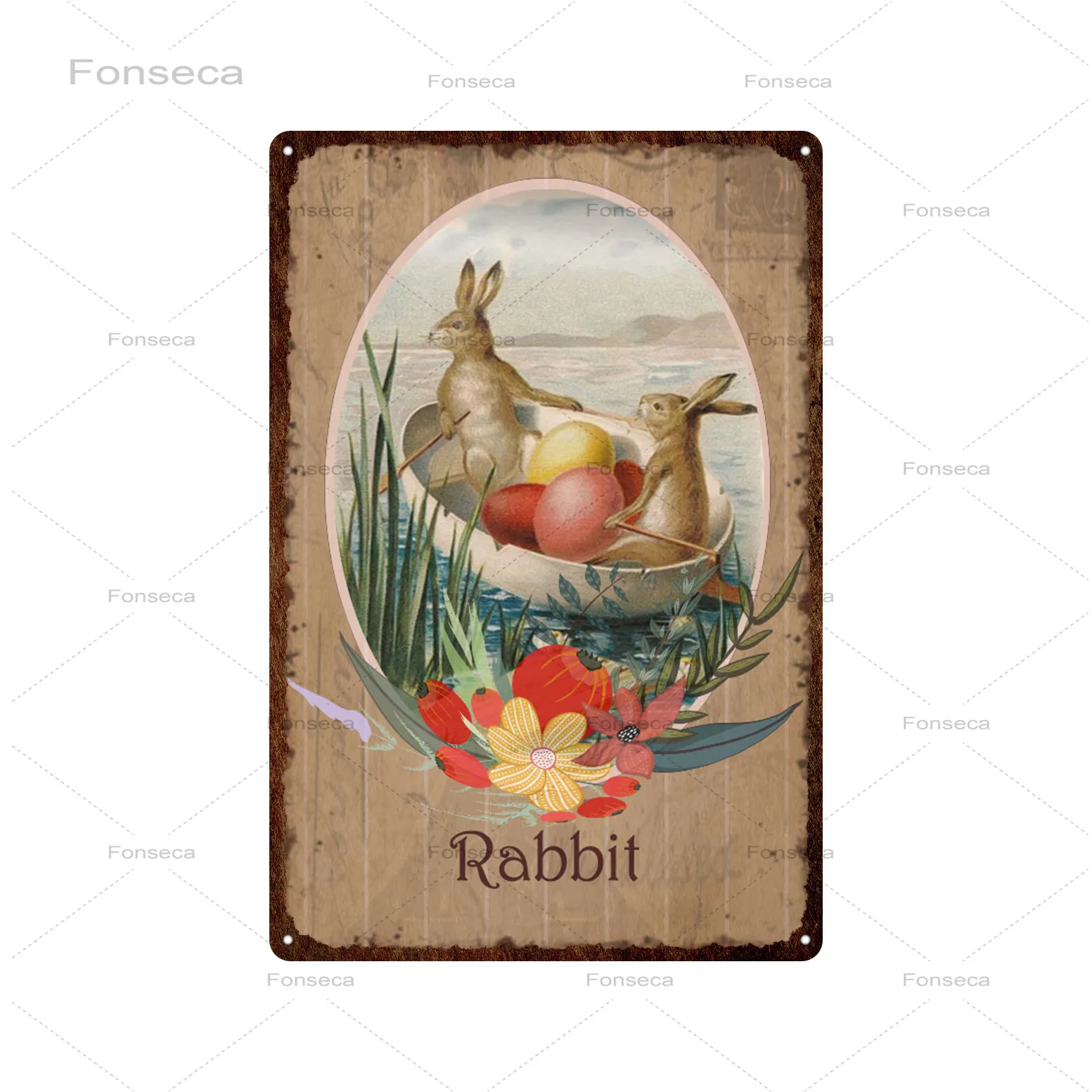 Cartoon Raabbit Vintage Metal Tin Sign Poster Cute Animal Flowers Plaques for Home Family Easter Egg Hunt Party Gift Wall Decor | Дом и сад