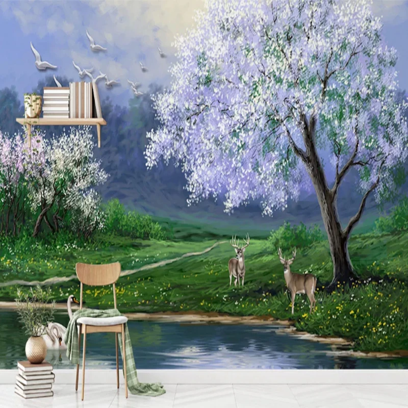 

Custom Wallpaper Murals Beautiful Oil Painting Modern Tree Elk Swan Peel And Sticker Wallpaper