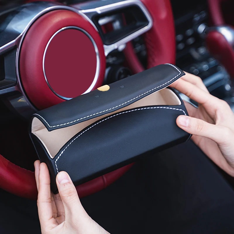 

For Forsche Car Sun Visor Clip Glasses Holder PU Leather Round Sunglasses Car Storage Box Cases