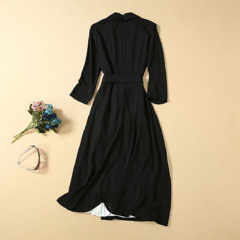 

Office Dress Elegant 2021 Autumn Style Women Turn-down Collar Black White Color Block Long Sleeve Pleated Dress Ladies Work Wear