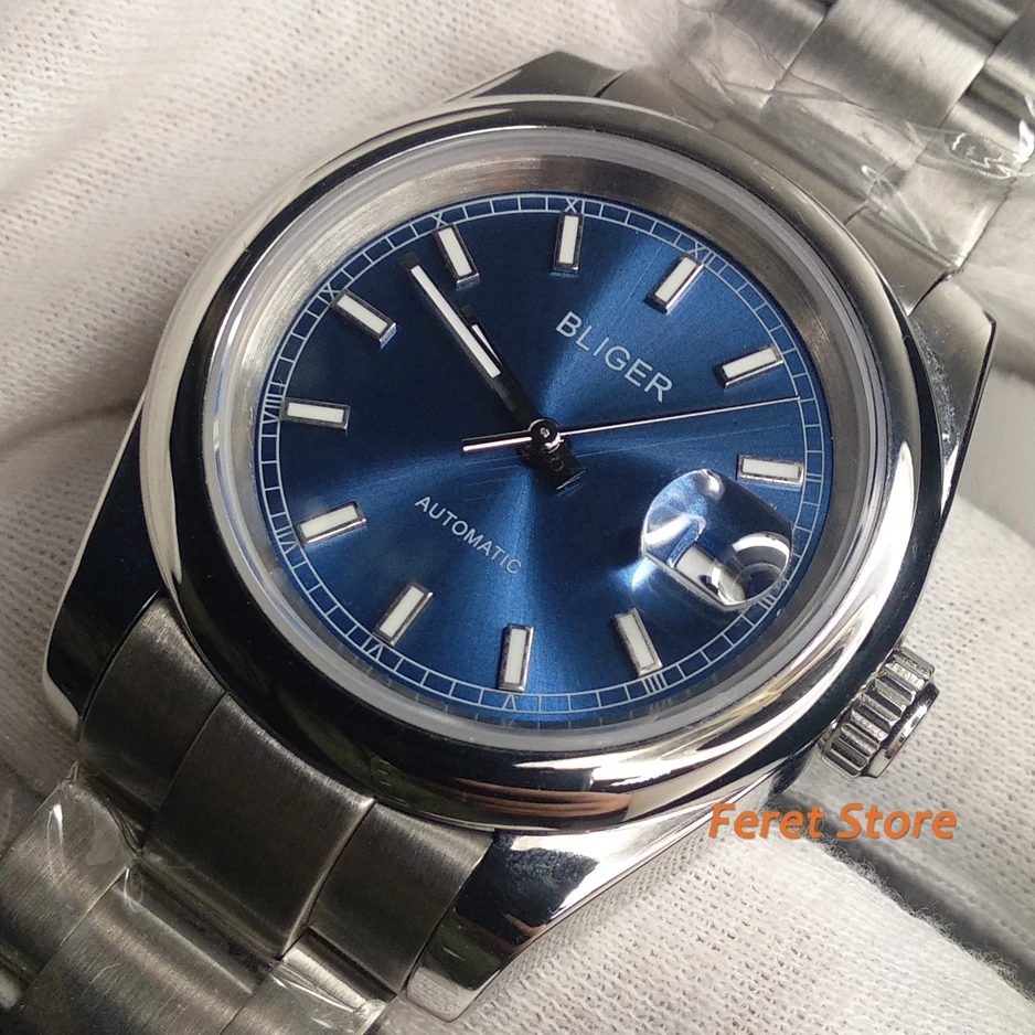 BLIGER 39mm Sterile Men s Watches steel case Luminous Dial Hand Sapphire Glass Blue Dial Luminous Mechanical Automatic Movement