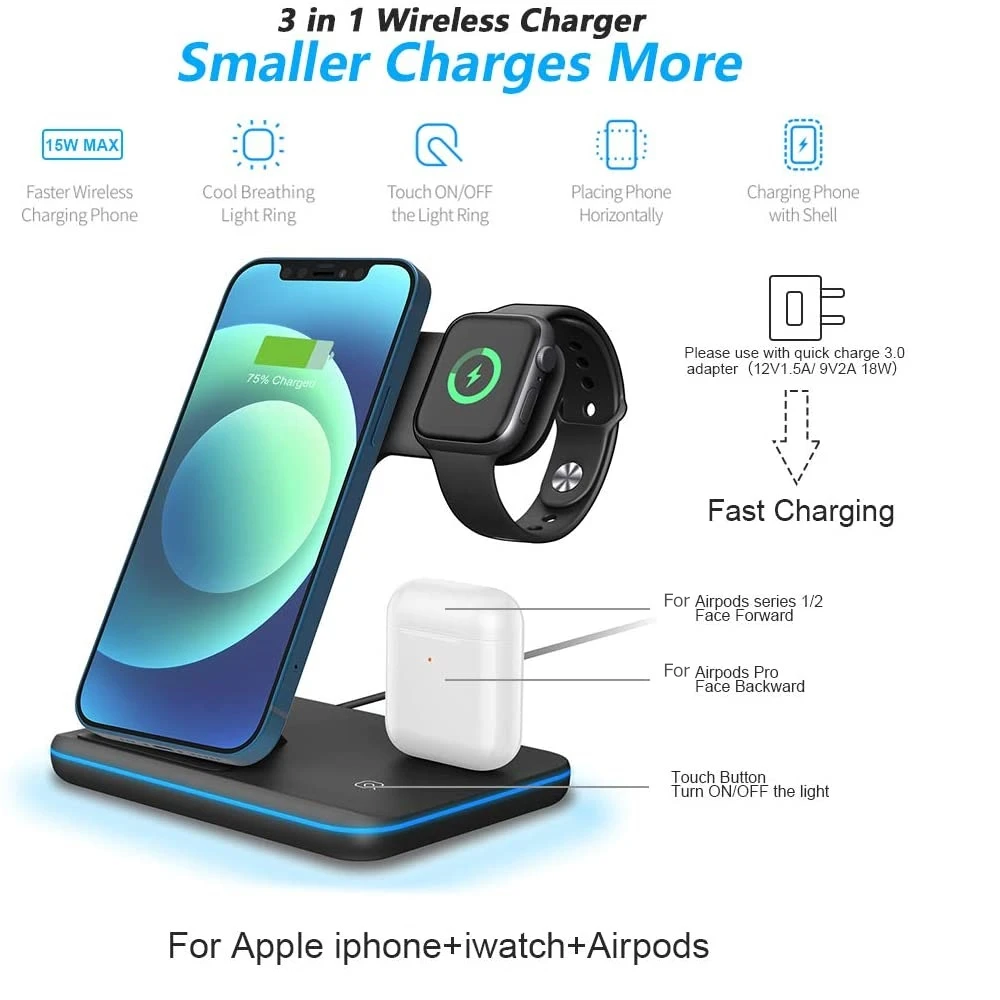 

15W Qi Wireless Charger Stand For Apple Watch 6 5 4 3 2 iPhone 12 11 X XS XR 8 Airpods Pro 3 in 1 Fast Charging Pad Dock Station
