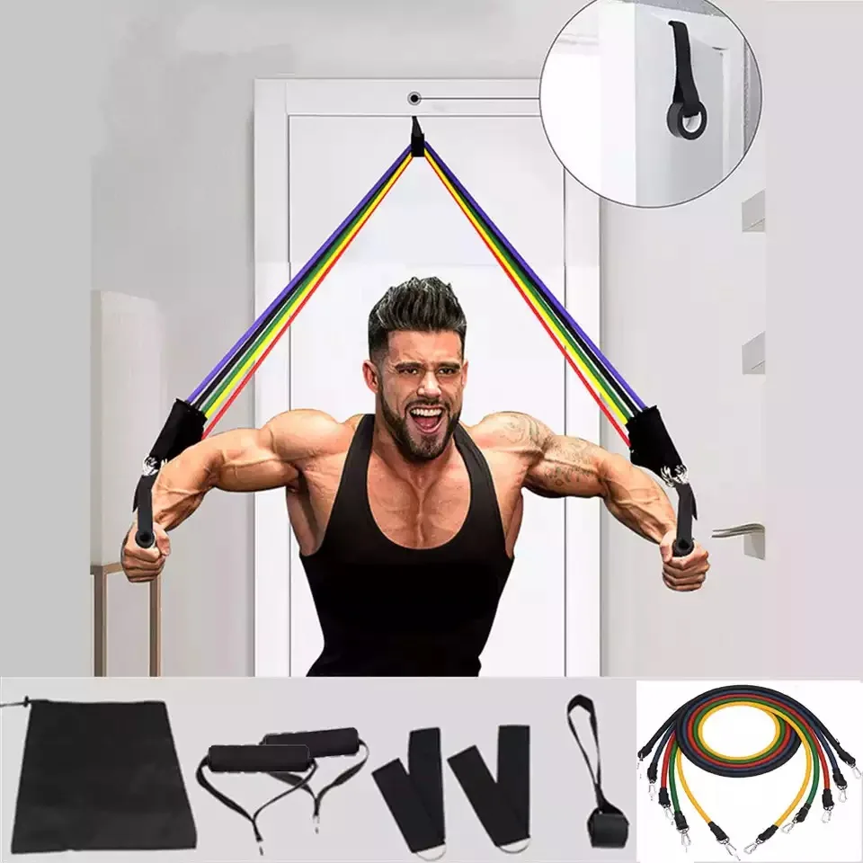 

11 unids/set tubo de látex resistencia bandas elásticas para Fitness Yoga gimnasio Ejercicio de tirar de la cuerda casa soporte