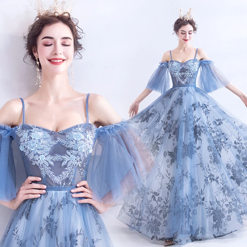 Специальное предложение! Благородное голубое свадебное платье с расклешенными