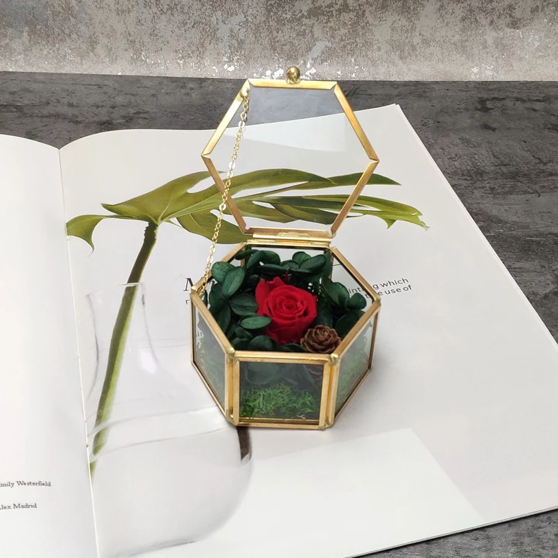 

Hexagon Transparent Glass Ring Box Wedding Geometric Clear Jewelry Organizer Holder Tabletop Containe