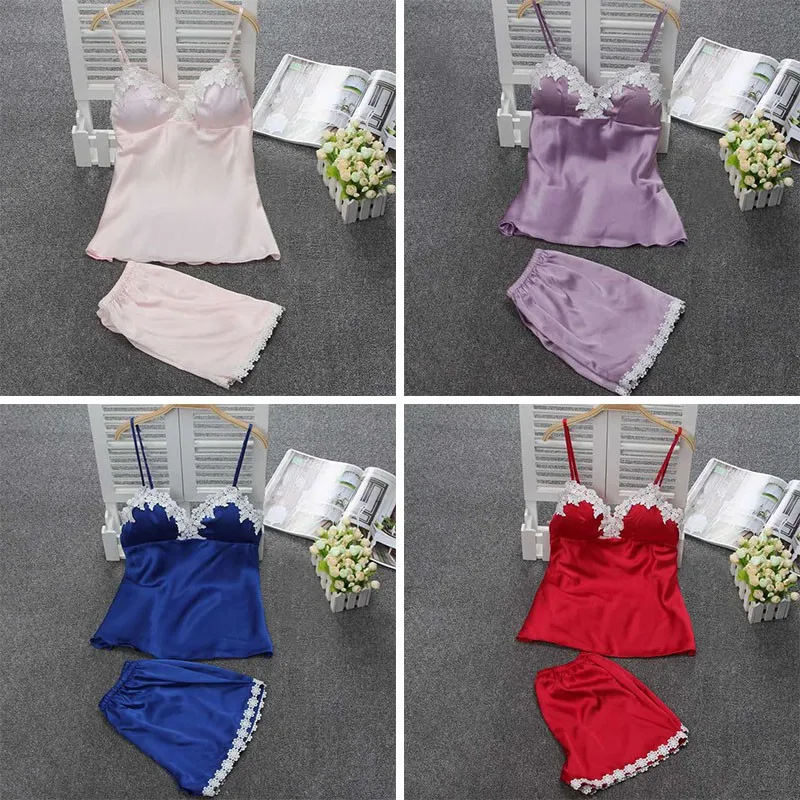 

Summer Autumn Women Sleepwear Suit Ladies Sexy Pajama Simulation Silk Nightgown Plus Fashion Soft Pajamas Suit Solid Colors S-xl