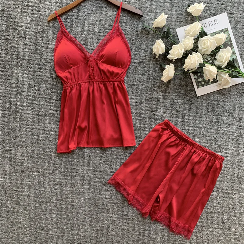 

Young Lady Burgundy Pajamas Set Sexy V-neck Lace Trim Hollow Out Backless Strap Top&Shorts Sleepwear Casual Home Clothes