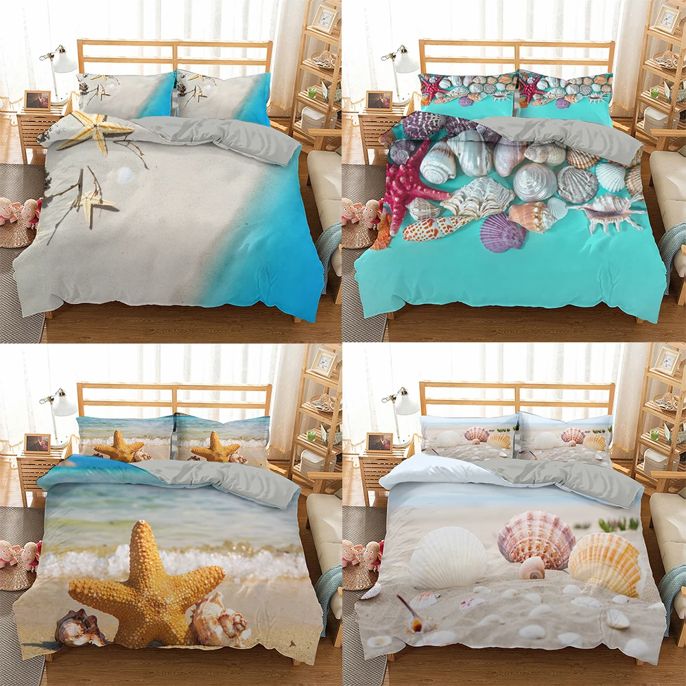 

3D Beach Shell Starfish Duvet Cover Bedding Set Summer Bedspread Quilt Comforter Cover Euro King Queen Size Teens Home Bed Decor