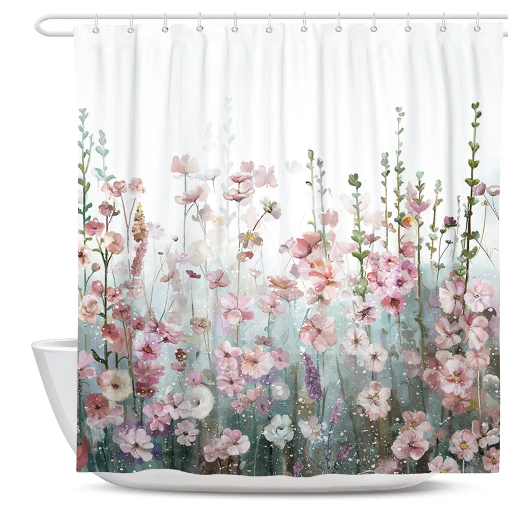 

Grey Purple Flowers Fabric Shower Curtains for Bathroom Curtain Set with Hooks Rings Waterproof Bath Curtain White Pink 72x72