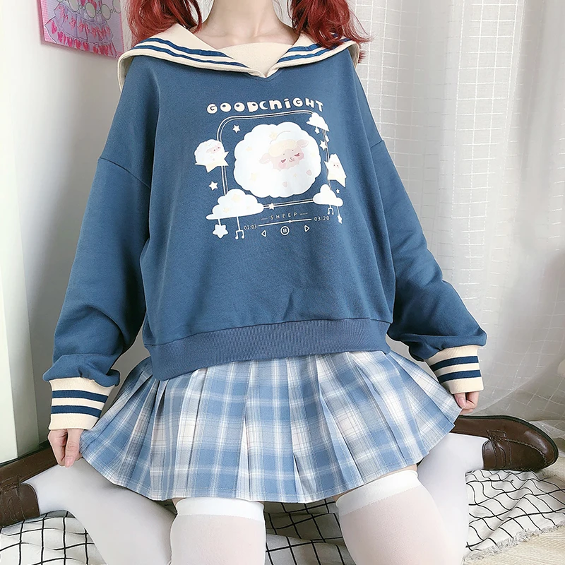 

Японская кавайная Толстовка для женщин в стиле Харадзюку, милый оверсайз свитшот в стиле «лолита» с графическим принтом, винтажный пуловер ...