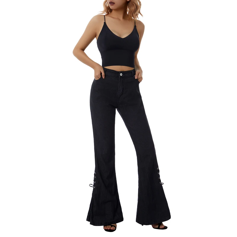 

Свободные широкие черные и зеленые повседневные женские завязки Kayotuas расклешенные женские джинсы с боковыми карманами, женские брюки, улич...