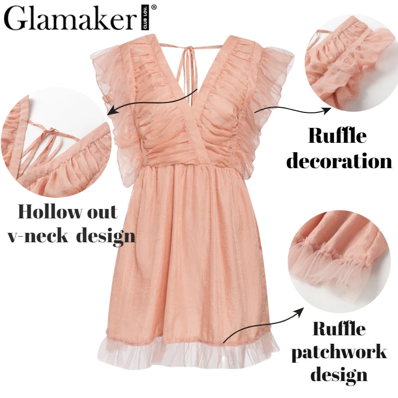 Женское Сетчатое мини-платье Glamaker однотонное лоскутное платье с v-образным