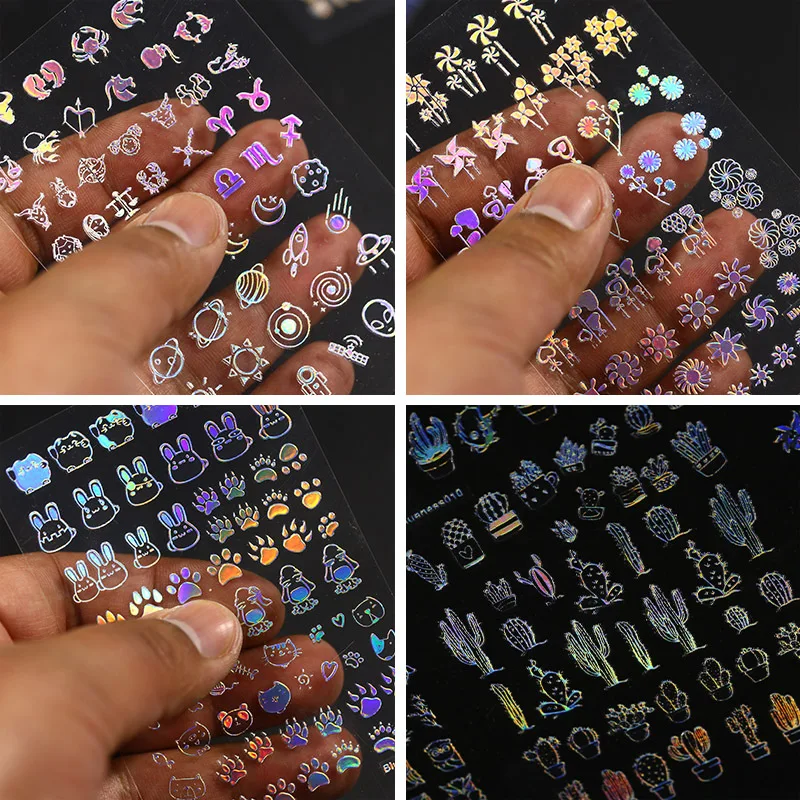 12 листов смешанного дизайна голографические Стикеры 3D на ногти Nail Art наклейки для украшения ногтей Клей слайдер 5,8*10 см