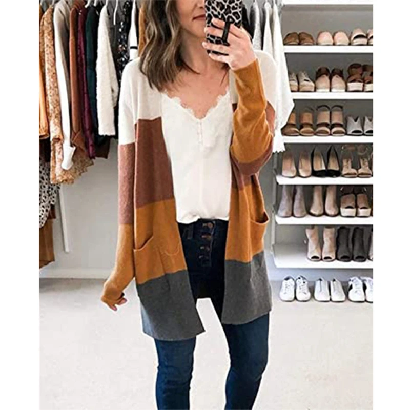 

Plus Size Women Sweaters Striped Patchwork Pocket 2020 Winter Casual Cardigans