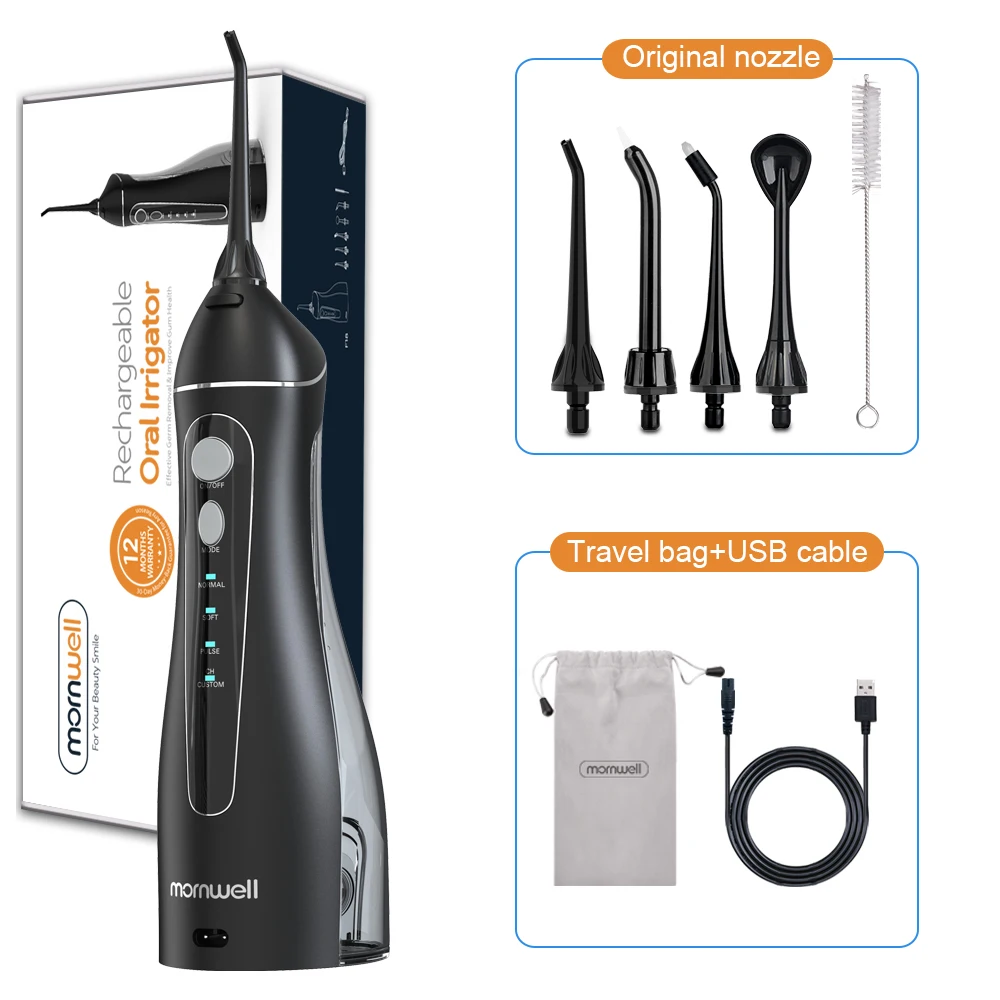 

Mornwell Portable Oral Irrigator With Travel Bag Water Flosser USB Rechargeable 5 Nozzles Water Jet 200ml Water Tank Waterproof