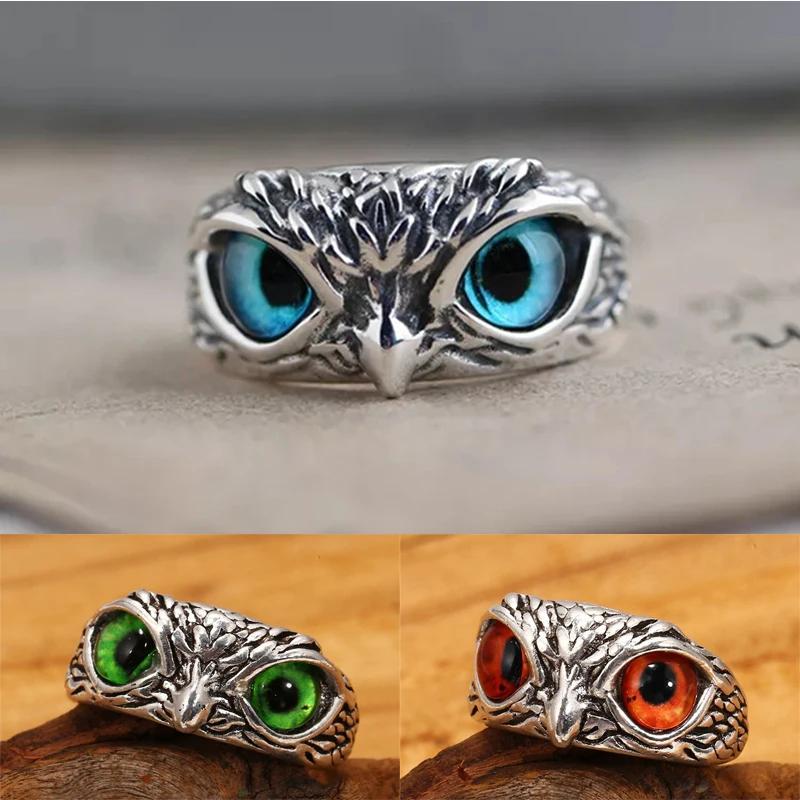 

Owl Eye Circle Vintage Antique Silver Men Women Ring Blue Crystal Evil Eye Personality Animal Rings for Women Jewelry Multiple