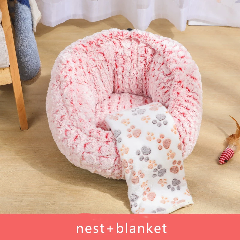 pink nest blanket Регулируемая мягкая длинная плюшевая кровать для кошек, круглая кровать для собак, для маленьких собак, кошек, гнездо, зимняя теплая спальная кровать, коврик для щенка - Цвет: pink nest blanket