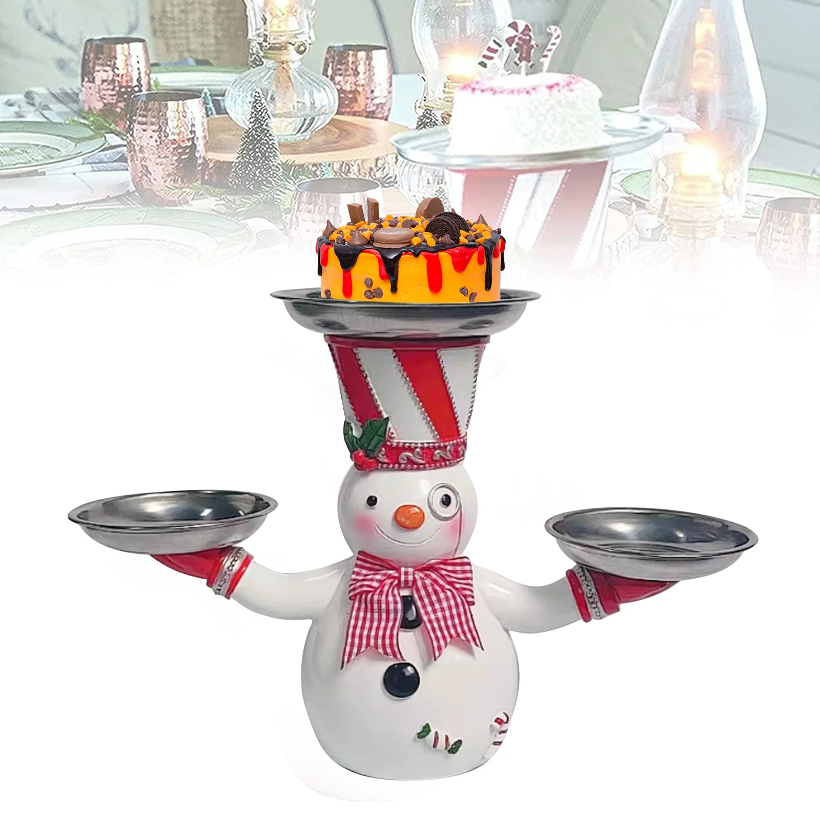 

Cute Snowman Treats Holder with Plates Snack Cupcake Dessert Food Bowl Stand Holder Christmas Dinner Party Decorations