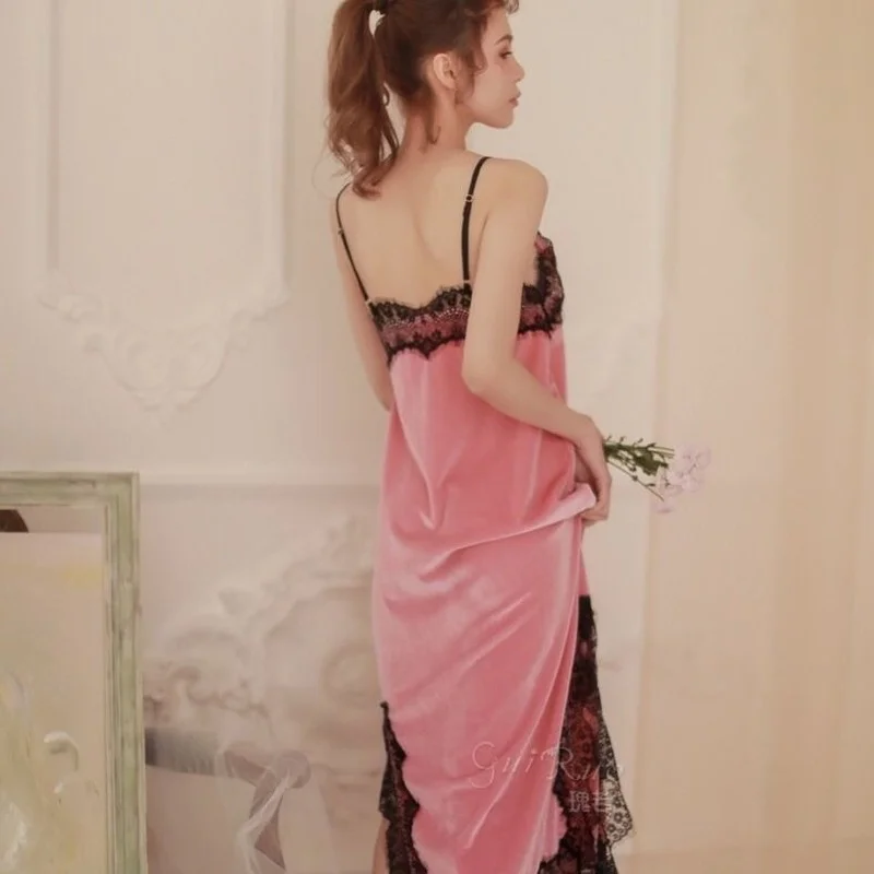 QWEEK Velvet Nightdress Women Sexy Sleepwear Autumn Nightwear Lace Long Dress Nightie Elegant Nightgown Female Robes Vestidos