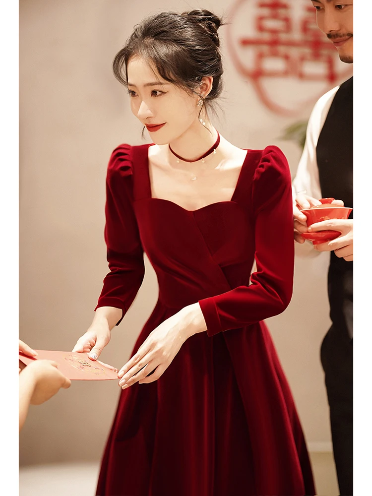 

Bridal Wine Red Toast Dress Daily Style Women's Winter Dress Velvet Back-to-Door Engagement Dress
