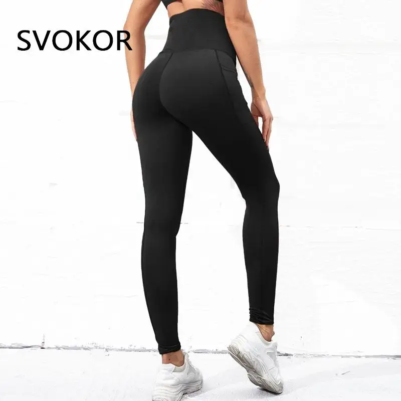 SVOKOR High Waist Fitness Women Leggings with Pockets Push Up Compression Legging Exercise Girls Activewear Black Gym Clothing
