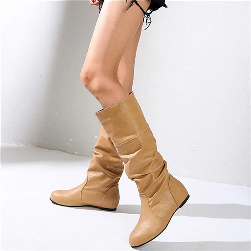 

Женские высокие ботинки из искусственной кожи, модные складные зимние повседневные ботинки без шнуровки на низком каблуке, цвета хаки, черн...