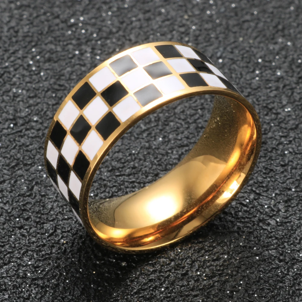 

Luxury Fashion Gold Plating Stainless Steel Black White Checkered Ring Jewelry Gift For Women Girls Wedding Party Finger Ring