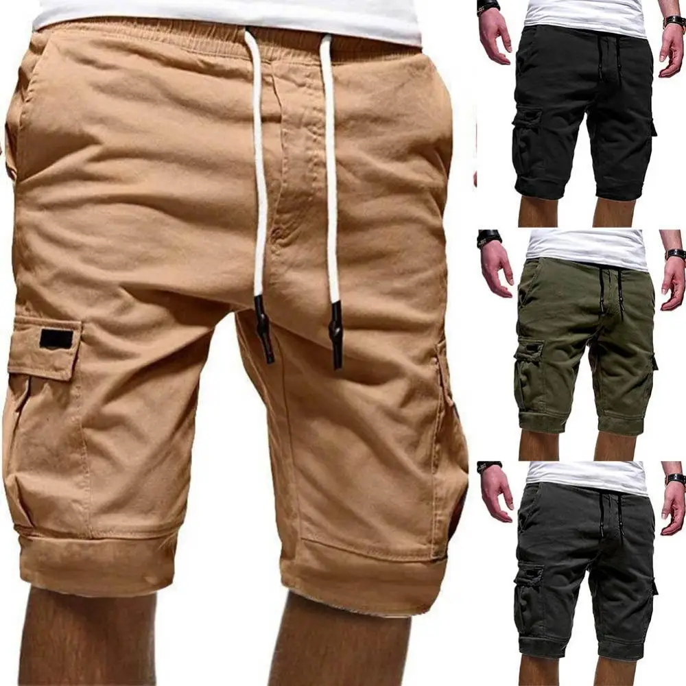 

50% Hot Sale Summer Casual Men Solid Color Cargo Shorts Multi-Pockets Drawstring Fifth Pants