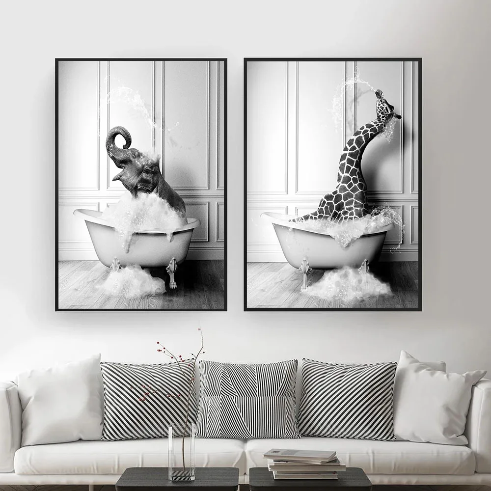 

Canvas Painting Black and White Animals Bathroom Photo Wall Art Pictures Giraffe Elephant Bubble Funny Posters Animes Room Decor