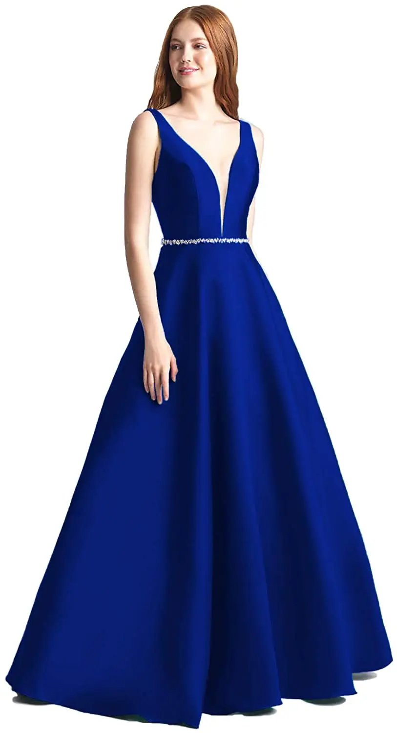 

Women's Elegant V-Neck Prom Dress A-Line Satin Evening Party Dresses Long Ball Gown with Pockets bride-dress