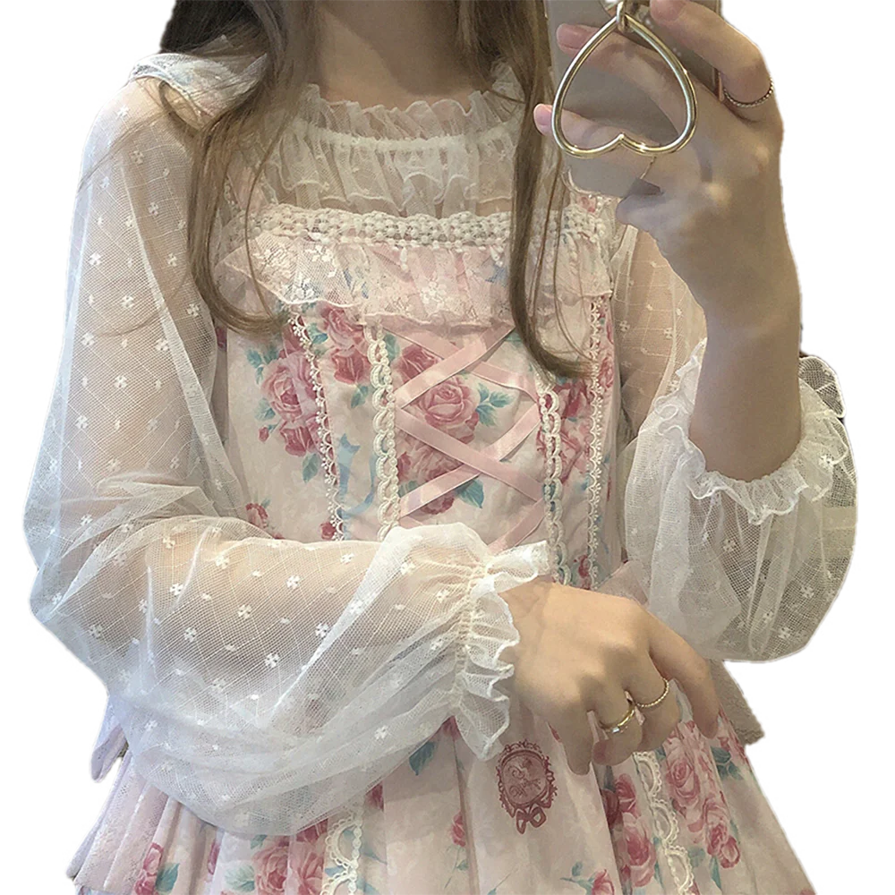 

New Cute Wild Lolita Shirt Lace Lantern Sleeve Women Blouses Chiffon Bud Mesh Gauze Blouse Elegant Inside Lace Top