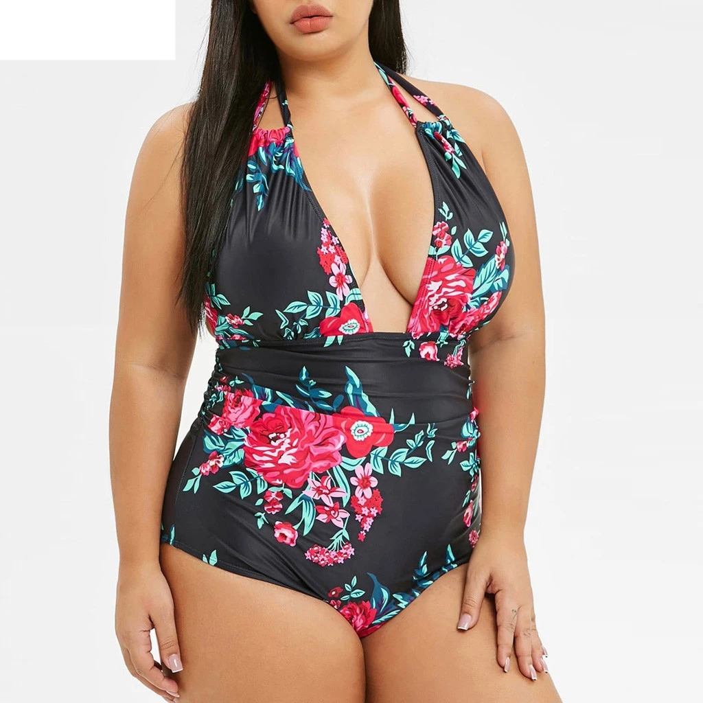 Women Sexy Swimsuit Bikini High Waist Plus Size Floral Print Pad Bandage One Piece Off Shoulder Swimwear Push Up Beachwear| |