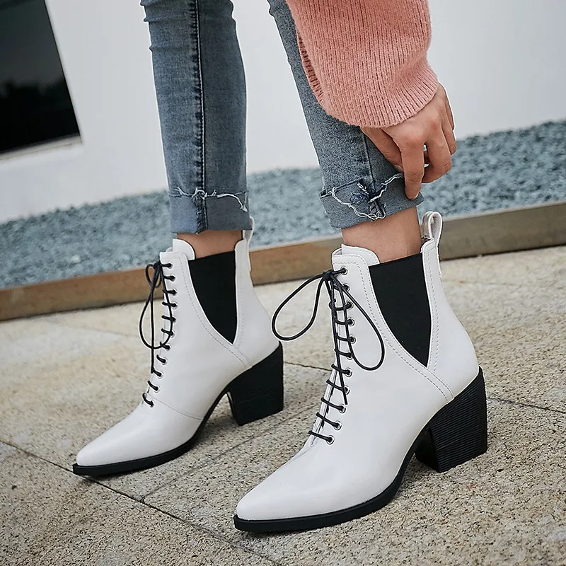 

ASUMER big size 34-42 fashion genuine leather boots pointed toe ladies ankle boots lace up thick high heels autumn winter boots