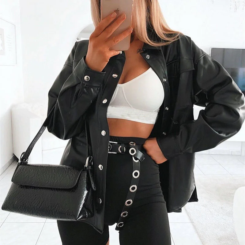 

2021 Fashion Cross Border Women's Clothing Europe And The United States Ins Cool Locomotive Wind Leather PU Shirt Coat Fried
