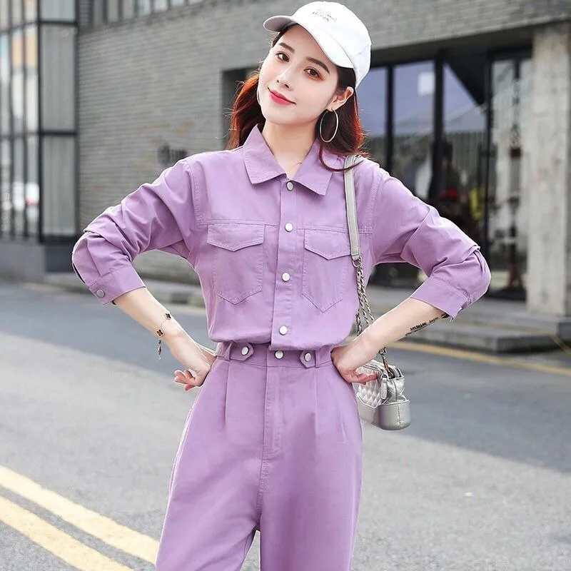 

2021 Spring Autumn New Women Long Sleeve Lapel Jumpsuits Female High Waist Rompers Overalls Solid Lady HighStreet Romper Y683