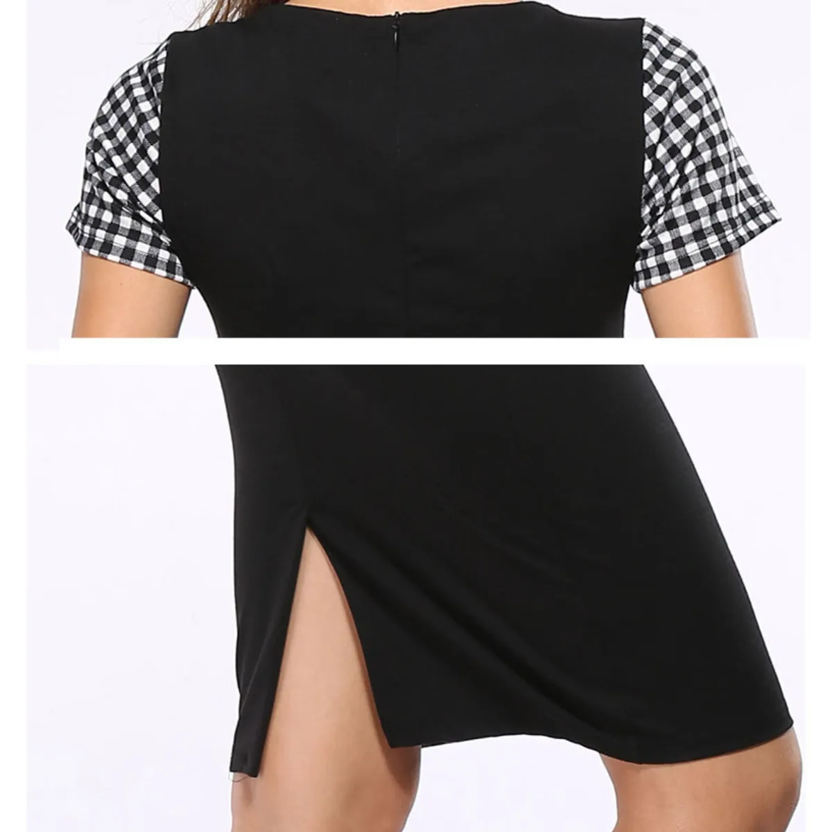 

Black And White Vintage Cocktail Dress Plaid Vestidos Round Neck Short Sleeve Knee-Length Split Bodycon Pencil Office Dress