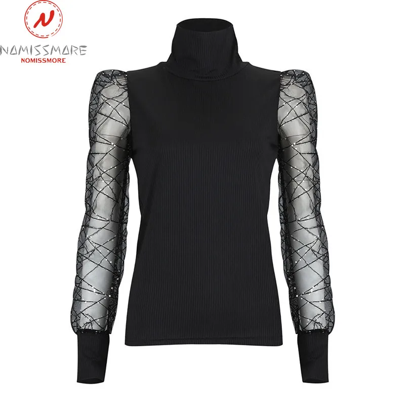 Модные женские футболки Осень зима сетчатые Лоскутные дизайнерские блестящие