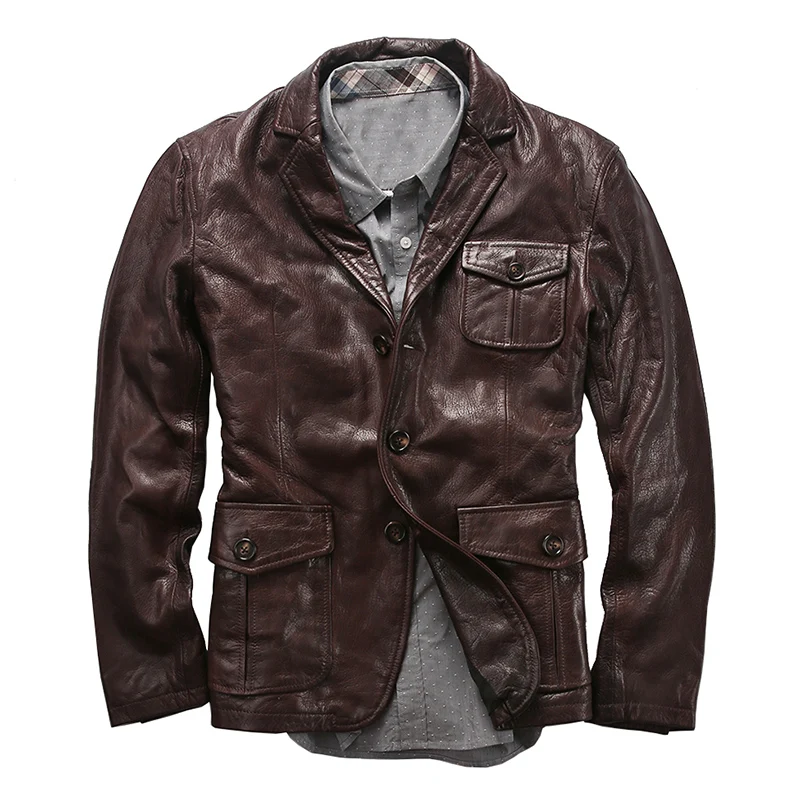 Повседневный мужской умный приталенный костюм из натуральной кожи с отворотами