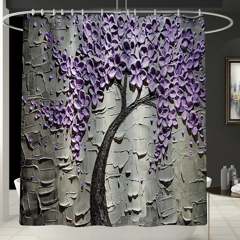 Тканевая занавеска для душа с рисунком цветов и листьями фиолетового дерева