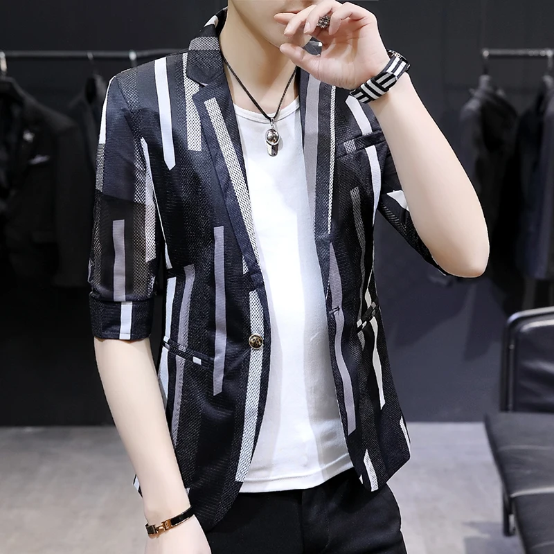 

Summer Hollow Printing Men Blazer Slim Leisure Suit Jacket Party Wedding Blazer Homme Stage Singer Streetwear Social Suits Coat