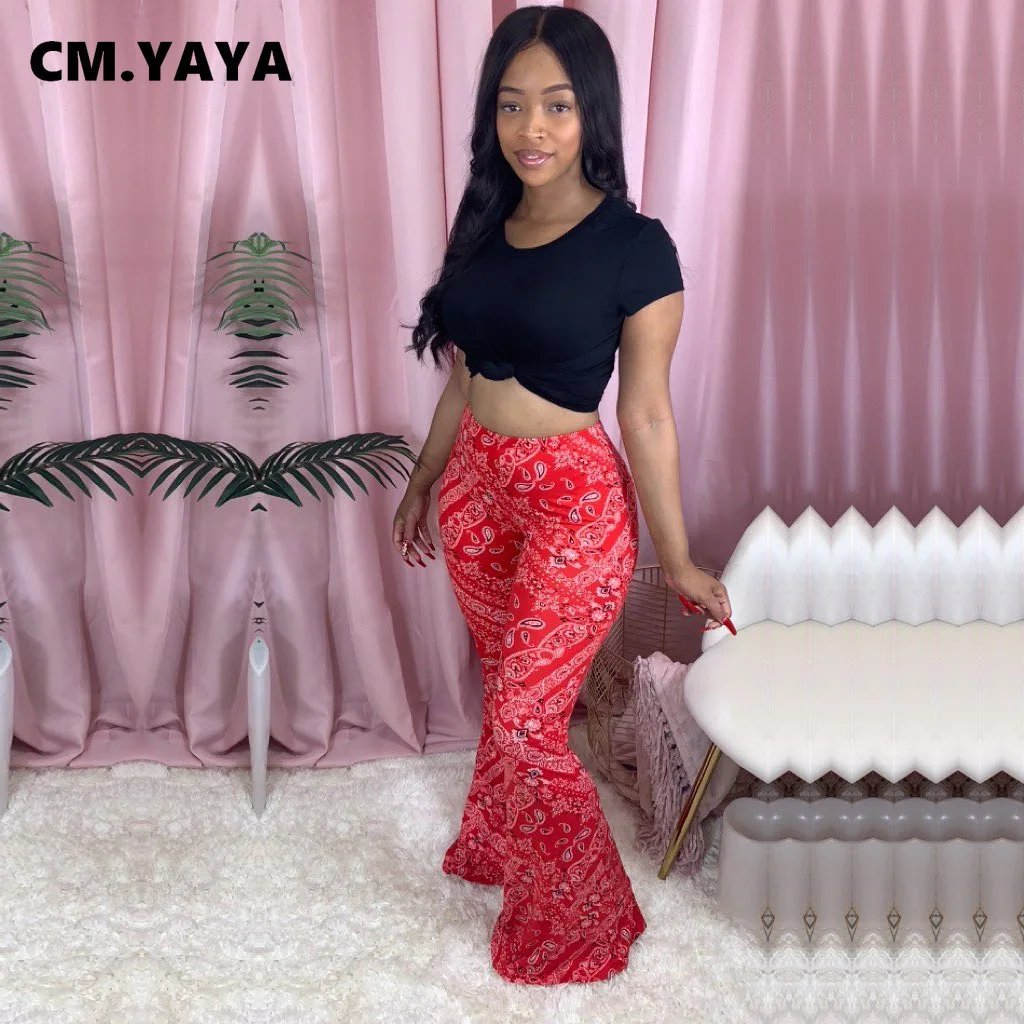 Женские расклешенные брюки CM.YAYA с принтом бандана леггинсы высокой талией