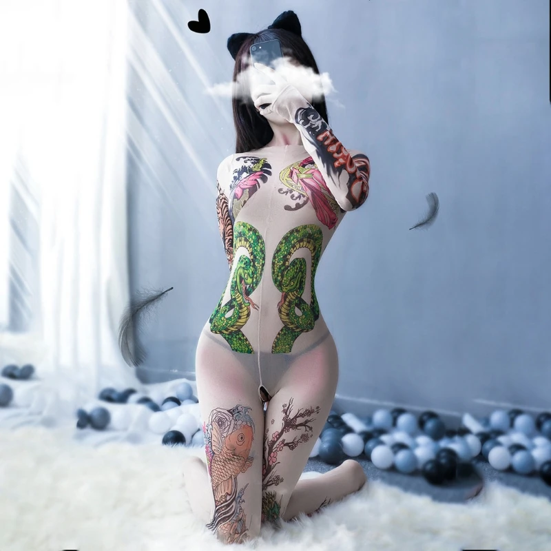 

Women Erotic Long Sleeve Semi-Sheer Bodystockings Sexy Full Tattoo Coverage Bodysuit Catsuit Open Crotch Tights Lingerie
