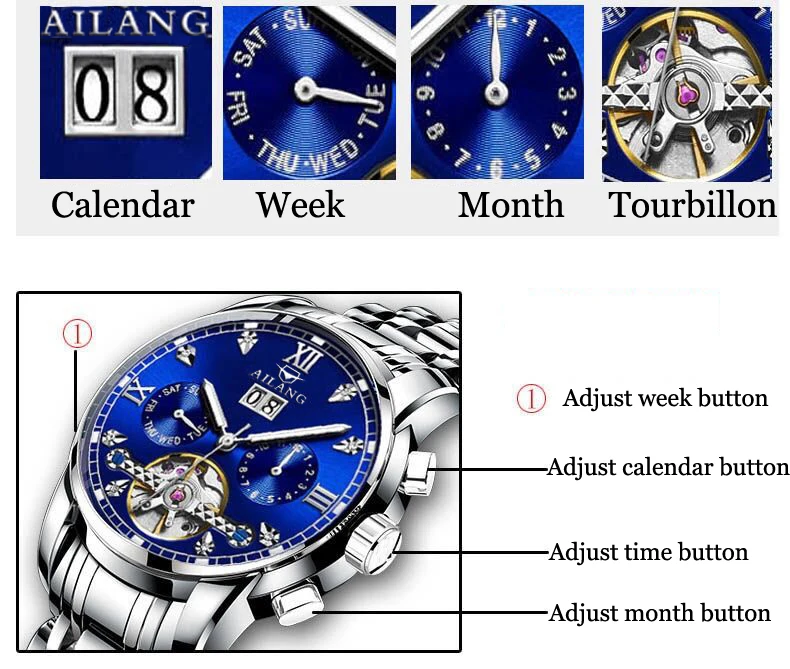 AILANG часы мужские люксовый бренд из нержавеющей стали Tourbillon несколько функций водонепроницаемые механические мужские часы