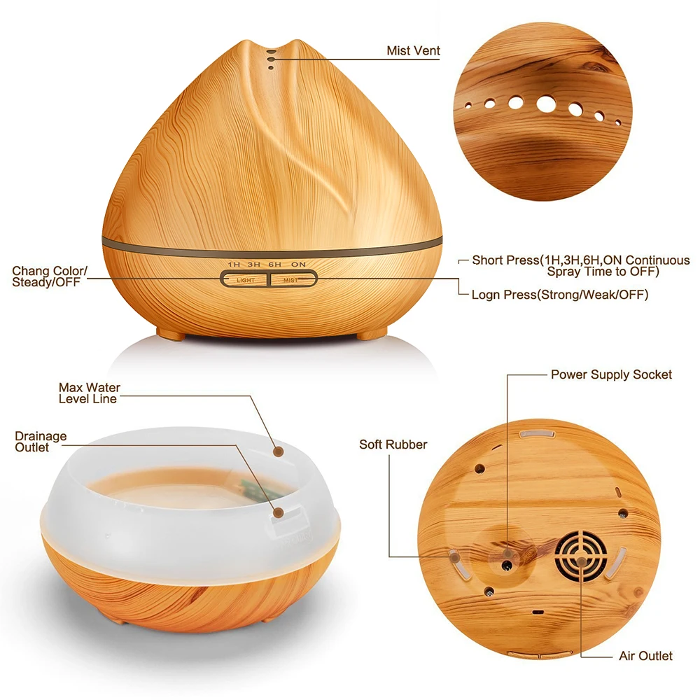 

KBAYBO 400ml Air Humidifier Aroma Essential Oil Diffuser Ultrasonic purifier with Wood Grain LED Lights for Office Home Bedroom