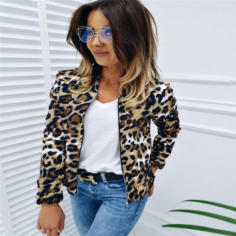 

Women Slim Fit Coat Leopard Print Fashion Jacket Ladies Cool Solid Biker Motorcycle Soft Zipper Short Coat Jacket Feminino Coats