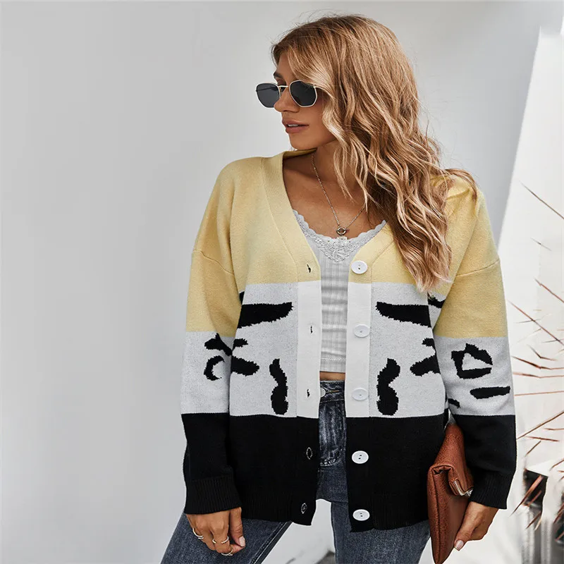 

Осень-зима; Новая модная одежда; Контрастные Цвет свитер; Кардиган; Пальто Женский вязаный свитер в стиле пэчворк, с леопардовым принтом, вяз...