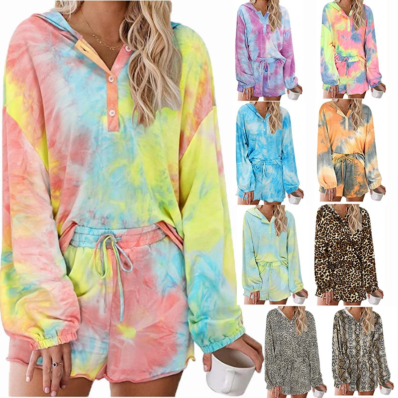 

Tie Dye Tracksuit Women Two Piece Set Summer Clothes Hooded T-shirt Top and Shorts Pajamas Suit Casual Loose Lounge Wear Outfits