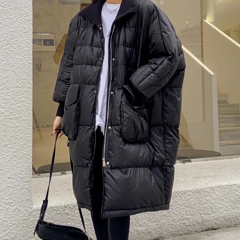 Women's thick warm loose long down coat winter women's stand-up collar windproof white duck down coat