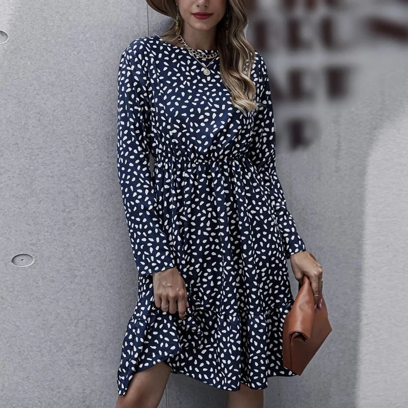 

Женское осенне-весеннее Повседневное платье с длинным рукавом и рюшами, свободные платья в горошек