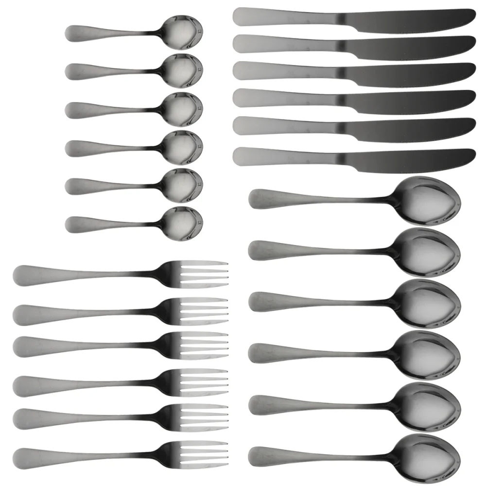 

24PCS/Set Stainless Steel Tableware Wooden Box Western Dinnerware Knife Spoon Fork Cutlery Supplies (Black)